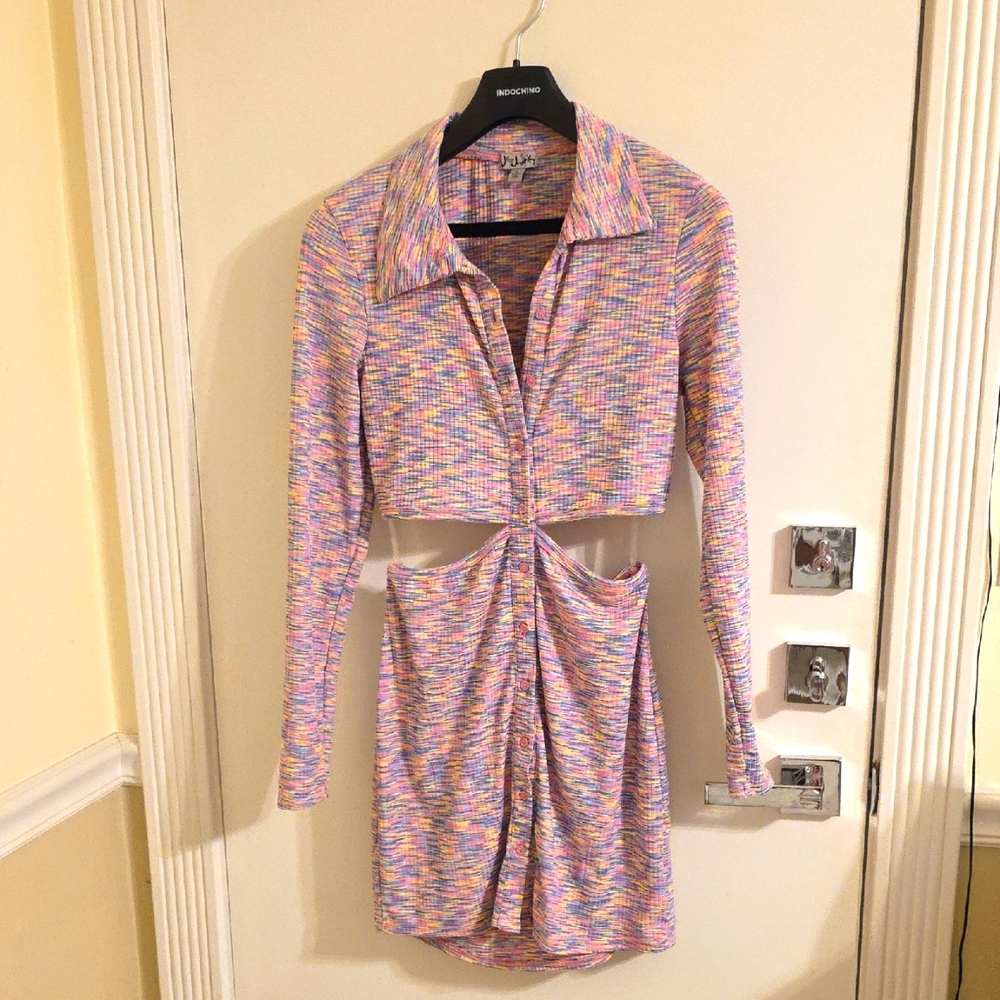 Pink Space Knit Long Sleeve Cutout Dress